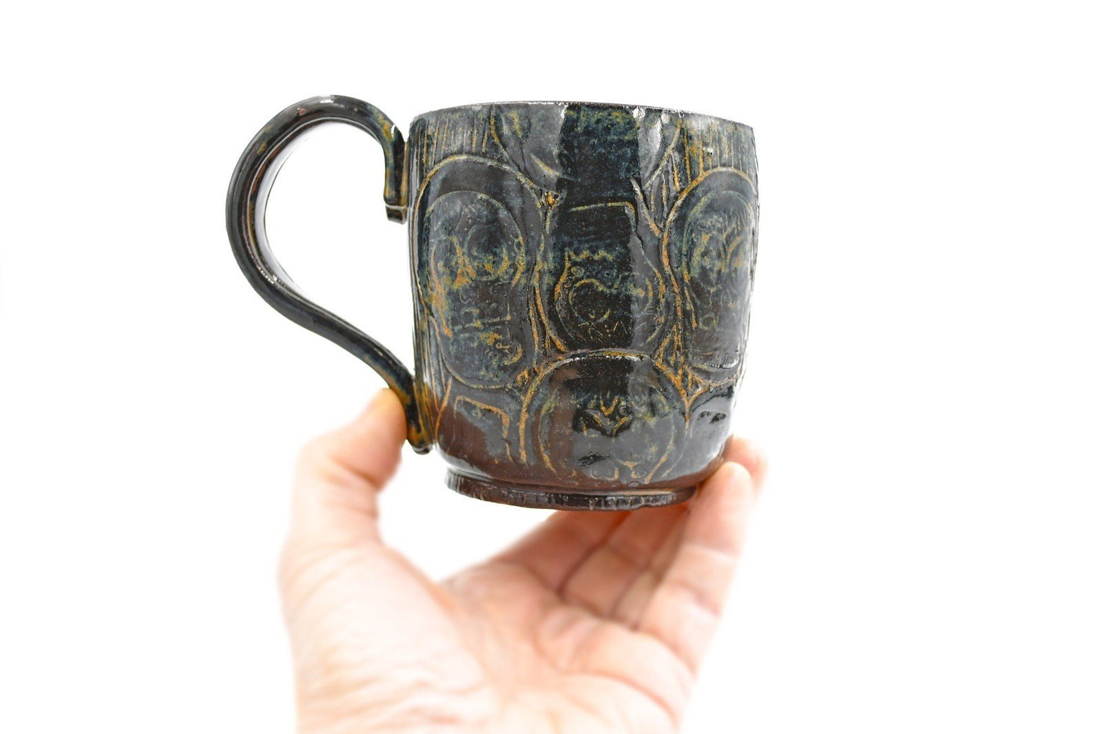 Black Brown Sugar Skull Coffee Mug, Rustic Stoneware Pottery Ceramic Cup, Punk Gothic, Handmade Coffee Lover Gift, Day of The Dead