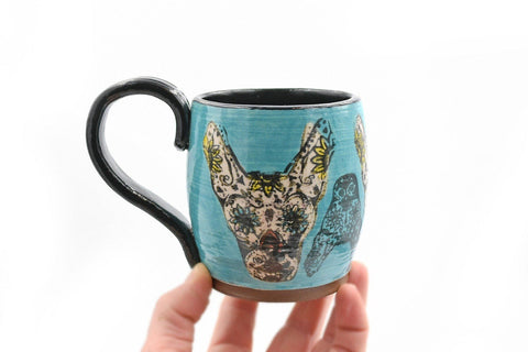 Sugar Skull Dog Pottery Coffee Mug, Handmade Stoneware Cup, Hand Screen Printed Art, Turquoise, Black, White 12 Ounce Drink, Contemporary