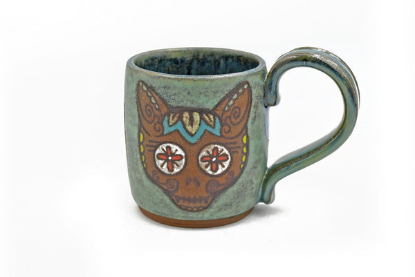 Cats Sugar Skull Ceramic Coffee Mug, Handmade Stoneware Pottery Teal Blue Green, Hand Screen Printed Original Drawing, Gothic Decor
