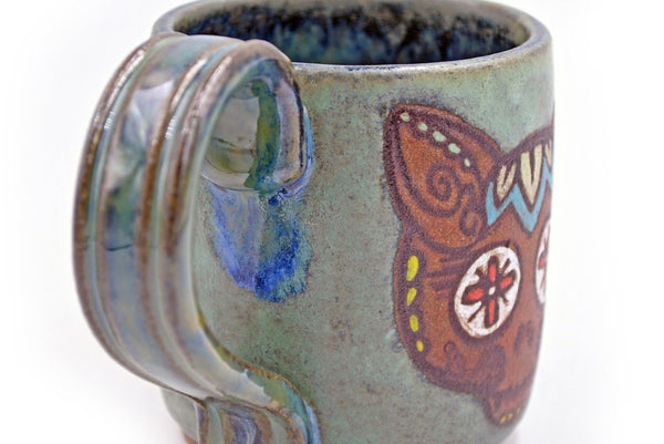 Cats Sugar Skull Ceramic Coffee Mug, Handmade Stoneware Pottery Teal Blue Green, Hand Screen Printed Original Drawing, Gothic Decor