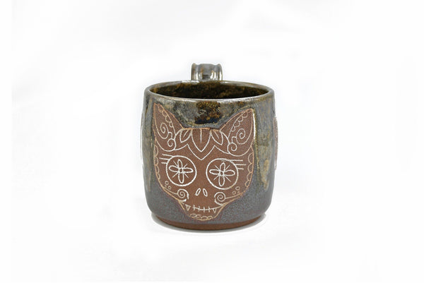Sparkle Cats Sugar Skull Ceramic Coffee Mug, Handmade Stoneware Pottery Black Brown White, Hand Screen Printed Original Drawing Gothic Decor