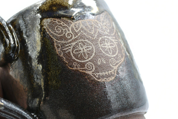Sparkle Cats Sugar Skull Ceramic Coffee Mug, Handmade Stoneware Pottery Black Brown White, Hand Screen Printed Original Drawing Gothic Decor