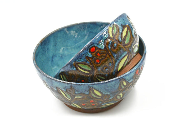 Blue Ceramic Pottery Bowl, Hand Painted Handmade Stoneware, Nested Serving Dish Cuerda Seca Floral Vine, Red Green Brown, Soup, Berry, Candy