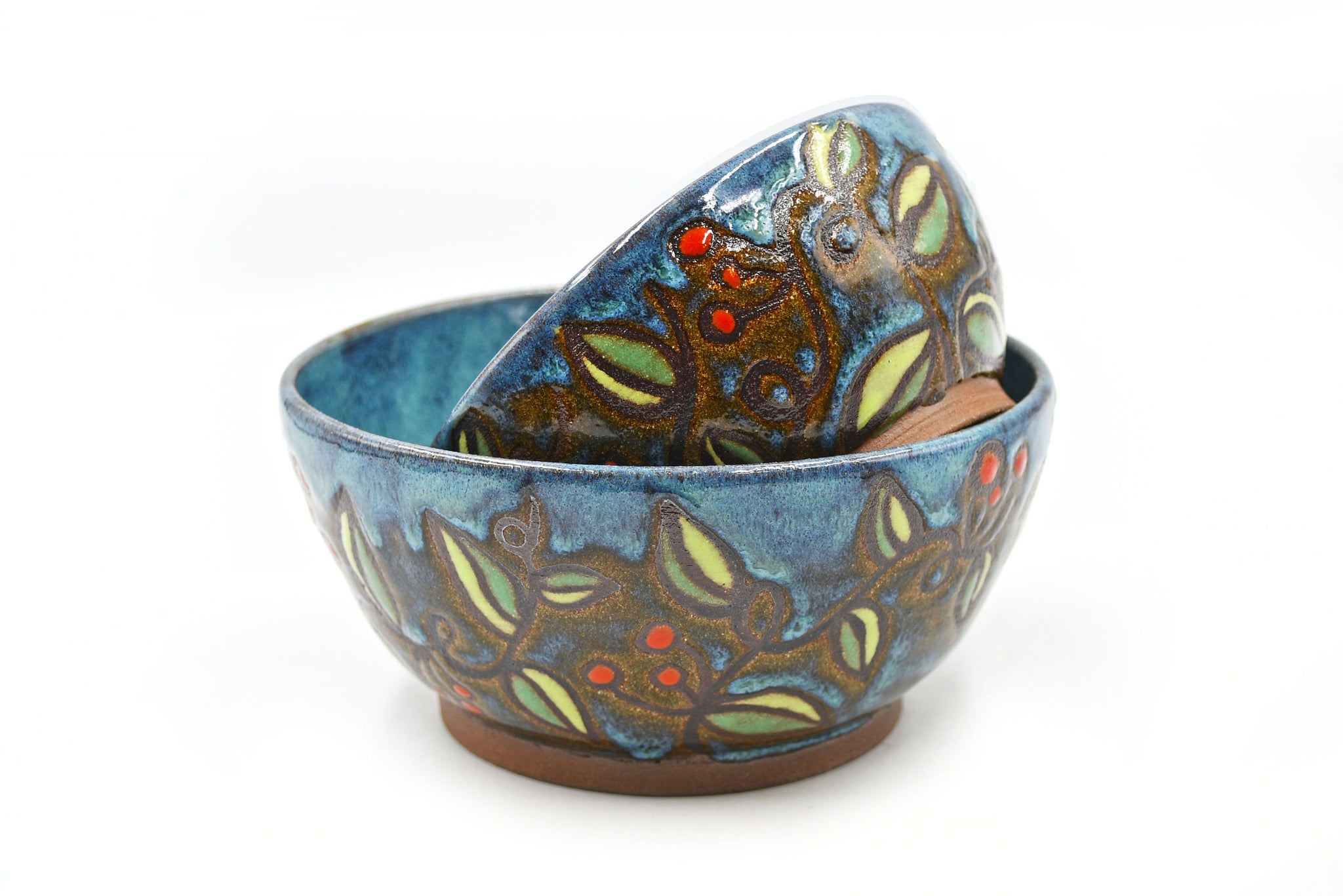 Blue Ceramic Pottery Bowl, Hand Painted Handmade Stoneware, Nested Serving Dish Cuerda Seca Floral Vine, Red Green Brown, Soup, Berry, Candy