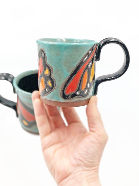 Ceramic Pottery Mug, Butterfly Stoneware Coffee Cup, Handmade Hand Painted Cuerda Seca, Monarch, Teal, Black, Blue, Red, Orange, Yellow