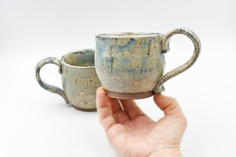 Ceramic Pottery Mug, Speckled Coffee Cup, Handmade Cream Tan White Brown Blue, Winter Wood Cream Stoneware Tea, Microwave Dishwasher Safe