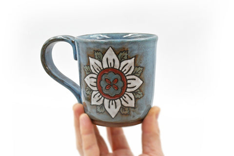 Flower Ceramic Pottery Mug, Blue White Red Handmade Stoneware Coffee Cup, Hand Painted Cuerda Seca Dry Rope,  12 Ounce Drink, Mother's Day