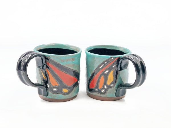 Ceramic Pottery Mug, Butterfly Stoneware Coffee Cup, Handmade Hand Painted Cuerda Seca, Monarch, Teal, Black, Blue, Red, Orange, Yellow