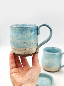 Ceramic Pottery Mug, Speckled Coffee Cup, Handmade Baby Blue, Cream Tan White Brown, Winter Wood Stoneware Tea, Microwave Dishwasher Safe
