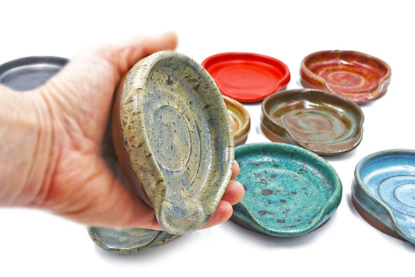 Ceramic Spoon Rest, Handmade Stoneware Ceramic Pottery, Stovetop, Coffee Tea Bag, Red, Black, Brown, Green, Blue, Brown, Maroon, Sage