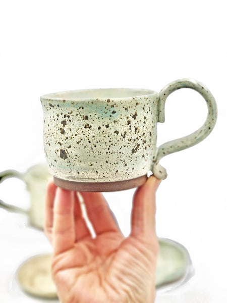 Handmade Mint Green & Cream Ceramic Pottery Mug and Spoon Rest
