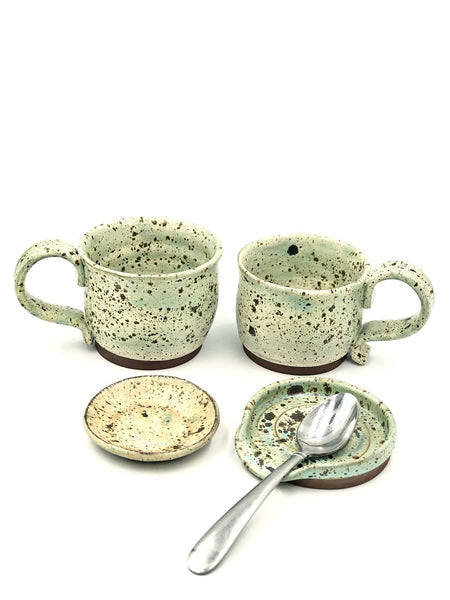 Handmade Mint Green & Cream Ceramic Pottery Mug and Spoon Rest