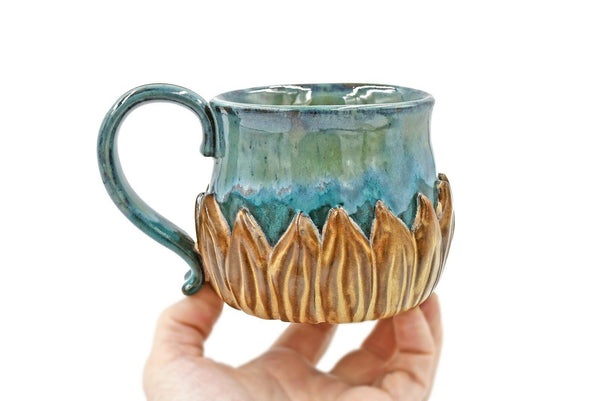 Ceramic Pottery Mug, Sunflower Handmade Coffee Cup, Mother’s Day Gift, Stoneware Yellow,Turquoise, Hand Painted, Hand Carved
