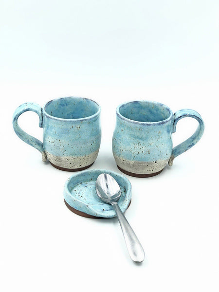 Ceramic Pottery Mug, Speckled Coffee Cup, Handmade Baby Blue, Cream Tan White Brown, Winter Wood Stoneware Tea, Microwave Dishwasher Safe