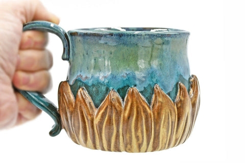 Ceramic Pottery Mug, Sunflower Handmade Coffee Cup, Mother’s Day Gift, Stoneware Yellow,Turquoise, Hand Painted, Hand Carved