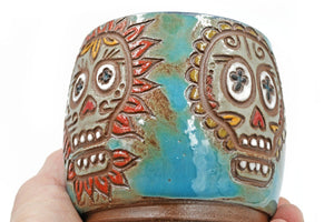 Stemless Ceramic Wine Tumbler, Sugar Skull Thumb Dent Stoneware Pottery Cup, Blue, Orange, Red, Black, Handmade, Hand Carved, Wheel Thrown