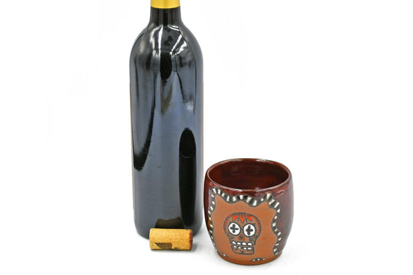 Stemless Ceramic Wine Tumbler, Sugar Skull Thumb Dent Stoneware Pottery Cup,  Maroon, Red, Black, White, Handmade, Cuerda Seca, Wheel Thrown