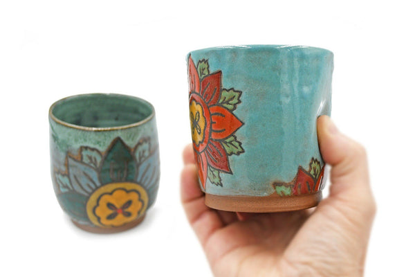 Floral Stemless Ceramic Wine Tumbler, Thumb Dent Stoneware Pottery Cup, Cuerda Seca, Teal Blue, Yellow, Red, Orange, Handmade Wheel Thrown