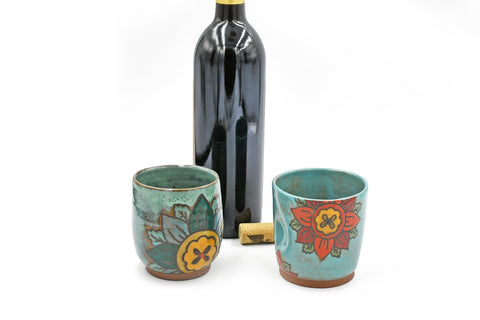 Floral Stemless Ceramic Wine Tumbler, Thumb Dent Stoneware Pottery Cup, Cuerda Seca, Teal Blue, Yellow, Red, Orange, Handmade Wheel Thrown