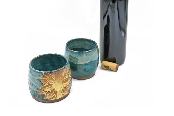 Stemless Ceramic Wine Tumbler, Sunflower Large and Medium Thumb Dent Stoneware Pottery Cup, Turquoise Yellow Handmade, Wheel Thrown