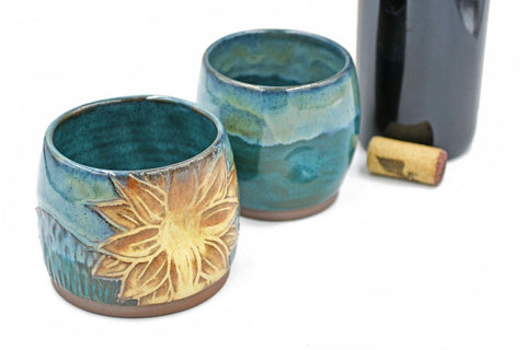 Stemless Ceramic Wine Tumbler, Sunflower Large and Medium Thumb Dent Stoneware Pottery Cup, Turquoise Yellow Handmade, Wheel Thrown