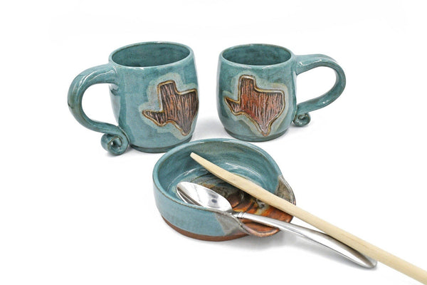 Texas Ceramic Pottery Mug, Copper Turquoise Stoneware Handmade Coffee Cup & Spoon Rest, Brown, Hand Carved, Southwest Rustic Drinkware