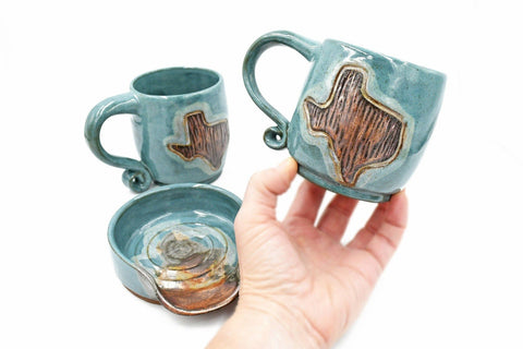 Two Texas Ceramic Pottery Mugs and one spoon rest in Copper and Turquoise glaze