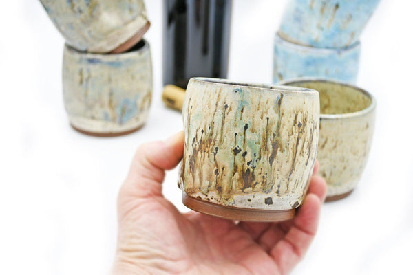 Stemless Ceramic Small Wine Tumbler, Thumb Dent Earthy Stoneware Pottery Sake Cup, Cream, Blue, Yellow, Gray, Brown, Handmade, Wheel Thrown