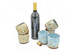 Stemless Ceramic Small Wine Tumbler, Thumb Dent Earthy Stoneware Pottery Sake Cup, Cream, Blue, Yellow, Gray, Brown, Handmade, Wheel Thrown