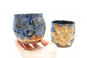 Stemless Ceramic Large Wine Tumbler, Sunflower Starry Sky Swirl Thumb Dent Stoneware Pottery Cup, Dark Blue, Yellow, Handmade, Wheel Thrown
