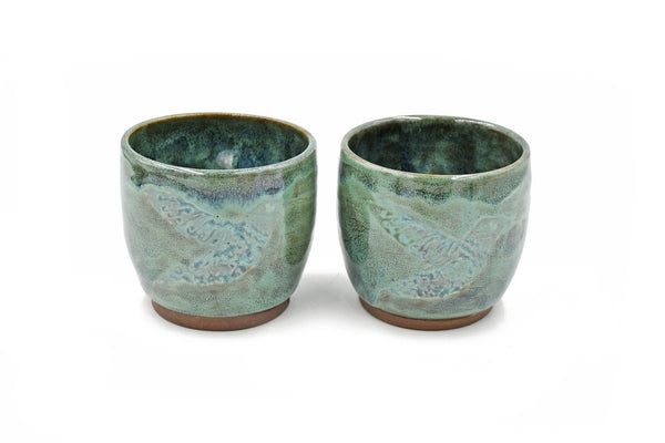 Hummingbird Stemless Ceramic Wine Tumbler, Thumb Dent Stoneware Pottery Cup, Teal Blue, Mint Green, Handmade Wheel Thrown