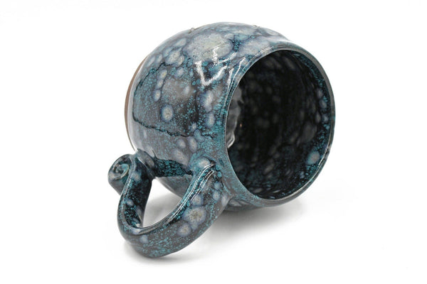 Handmade Ceramic Flower Stoneware Pottery Cup, Starry Sky Turquoise, Dark Blue, Wheel Thrown, Hand Carved