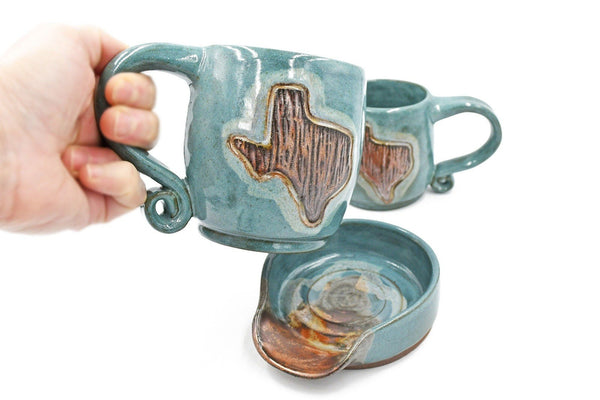Texas Ceramic Pottery Mug, Copper Turquoise Stoneware Handmade Coffee Cup & Spoon Rest, Brown, Hand Carved, Southwest Rustic Drinkware