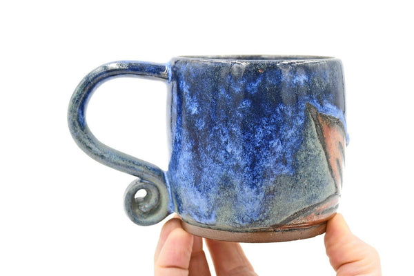 Clearance Ceramic Handmade Coffee Mug in Copper and Drippy Blue with Hand Painted Sunflower Cup, Gift for Her