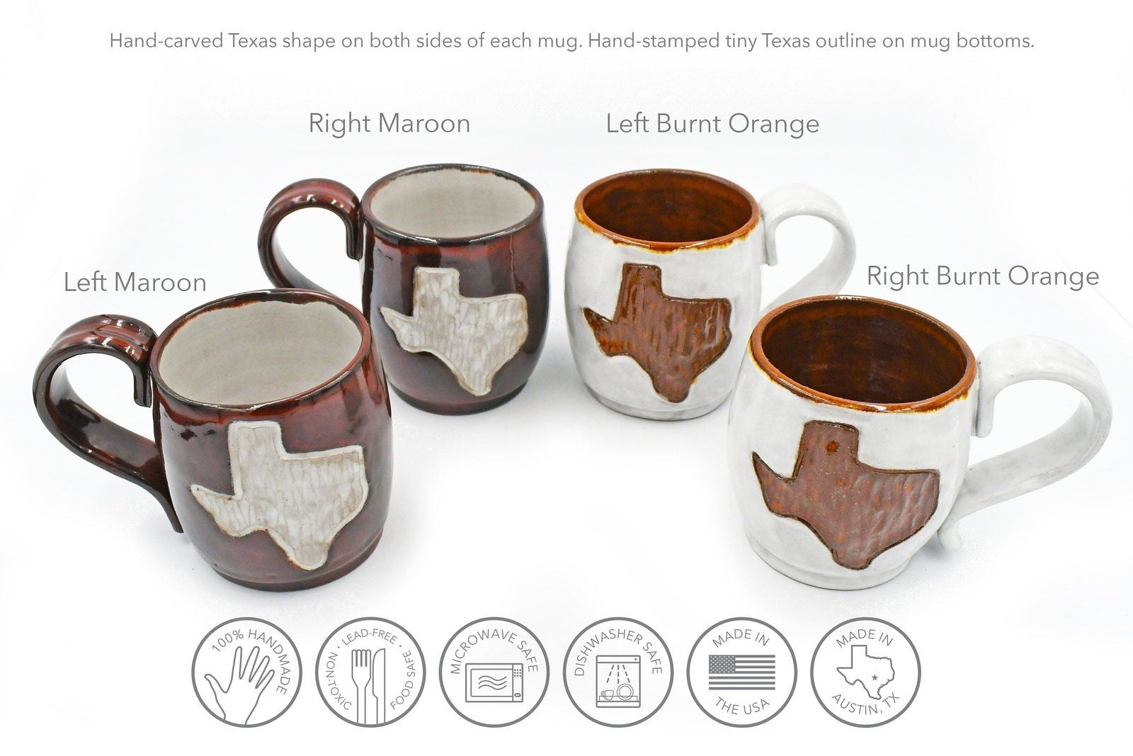 Texas Ceramic Pottery Mug, Burnt Orange Maroon White Stoneware Handmade Coffee Cup, Brown, Hand Carved, Southwest, Football Hook Em, Gig Em