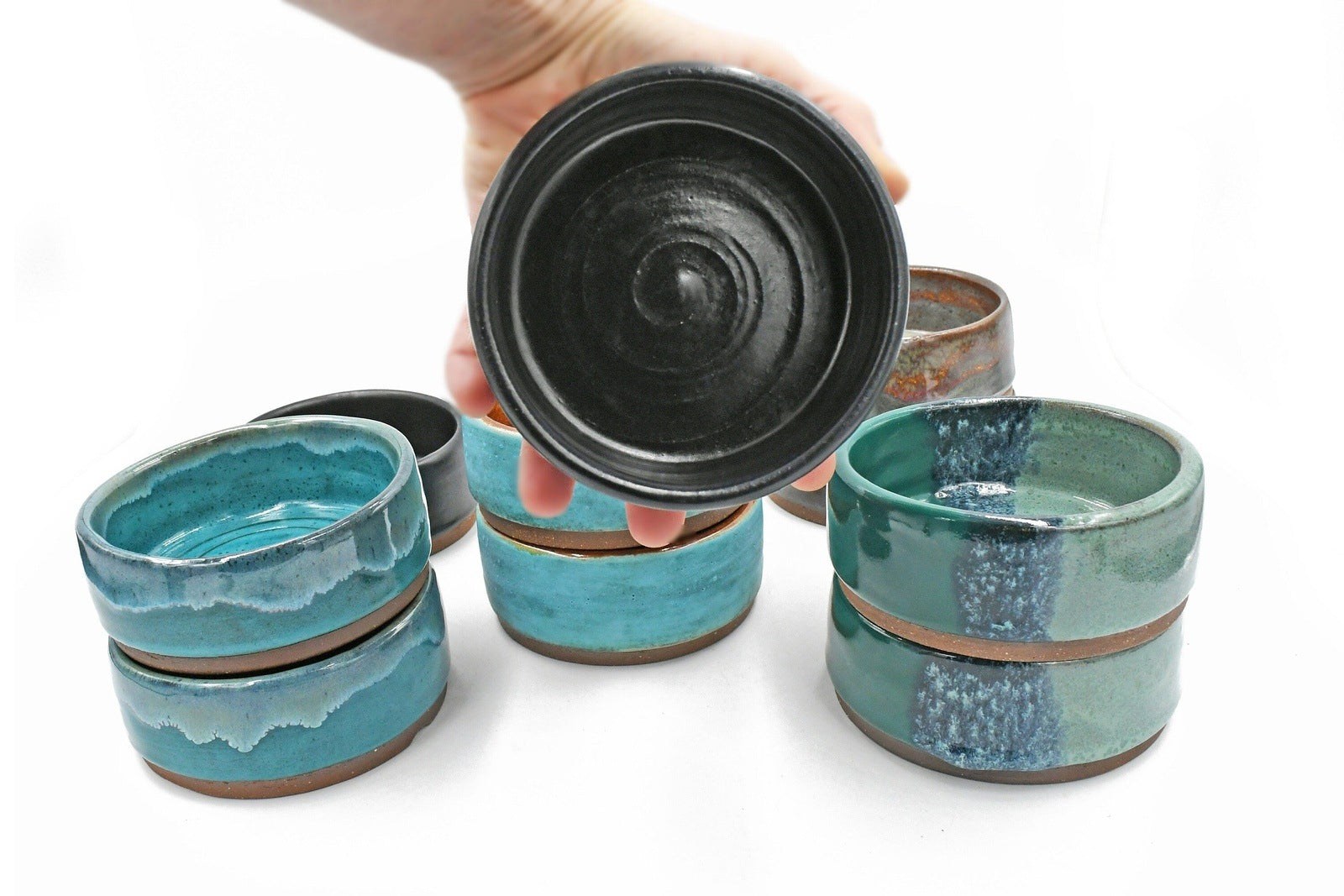 Everyday Small Ceramic Bowl Pair, Black Teal Green, Brown, Handmade Stoneware Pottery, Dip, Snack, Salsa, Queso, Dog Cat Food & Water