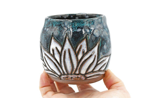 Handmade Ceramic Flower Stoneware Pottery Cup, Starry Sky Turquoise, Dark Blue, Wheel Thrown, Hand Carved