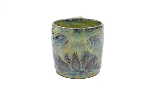 Butterfly Sunflower Ceramic Coffee Mug, Moss Green, Handmade Stoneware Pottery Cup, Hand Painted, Purple, Blue