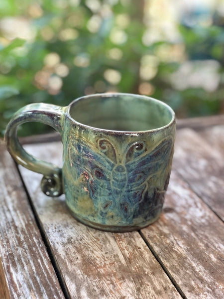 Butterfly Sunflower Ceramic Coffee Mug, Moss Green, Handmade Stoneware Pottery Cup, Hand Painted, Purple, Blue