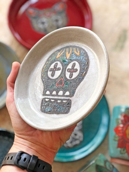 Sugar Skull Pottery Bowl, Cat, Dog, Small Plate Hand Painted Ceramic Stoneware Dish, Red, Turquoise, White, Black, Orange