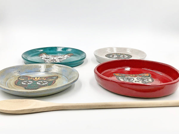 Sugar Skull Pottery Bowl, Cat, Dog, Small Plate Hand Painted Ceramic Stoneware Dish, Red, Turquoise, White, Black, Orange