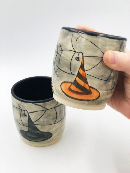 Halloween Ceramic Cup with Witch Hat & Spiderweb Handleless Mug Stoneware Pottery Tumbler - Orange, Black, Purple, Green, Handmade