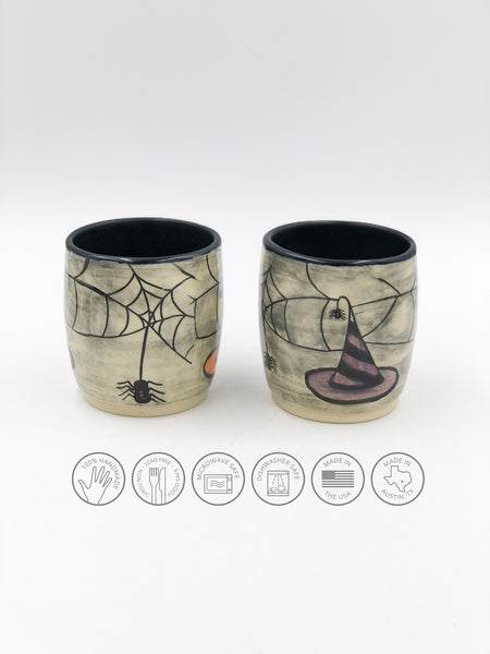 Halloween Ceramic Cup with Witch Hat & Spiderweb Handleless Mug Stoneware Pottery Tumbler - Orange, Black, Purple, Green, Handmade