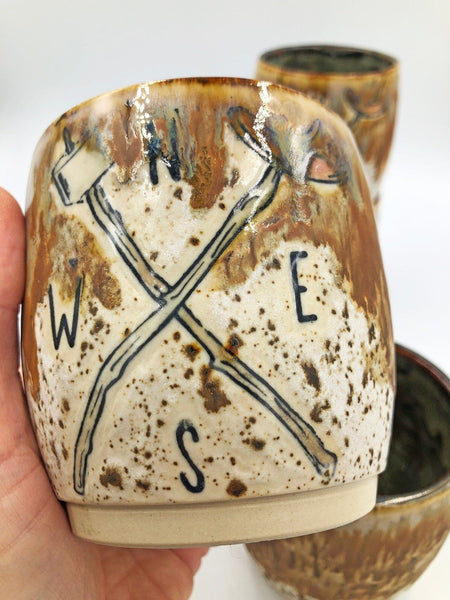 Campfire Outdoors Ceramic Cup - Handmade Cabin Handleless Mug Stoneware Pottery Tumbler - Brown, Woodsy, Roasting Marshmallows