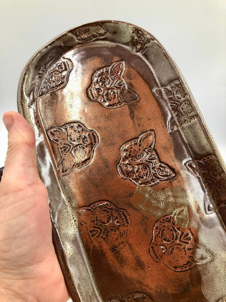 Cat and Sugar Skull Ceramic Serving Pottery Platter, Handmade Stoneware Medium Dish, Candy Plate, Red, Copper, Gray, Black