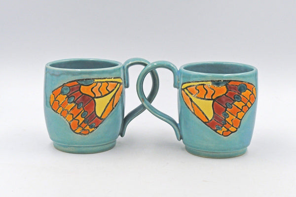 Butterfly Wings Ceramic Pottery Mug, Handmade Blue and Orange Stoneware Coffee Cup, Hand Painted Cuerda Seca, Wheel Thrown and Kiln Fired