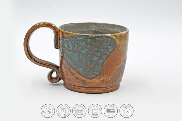 Butterfly Wings Ceramic Pottery Mug, Copper Handmade Anniversary Gift, Turquoise Stoneware Coffee Cup, Hand Painted Cuerda Seca