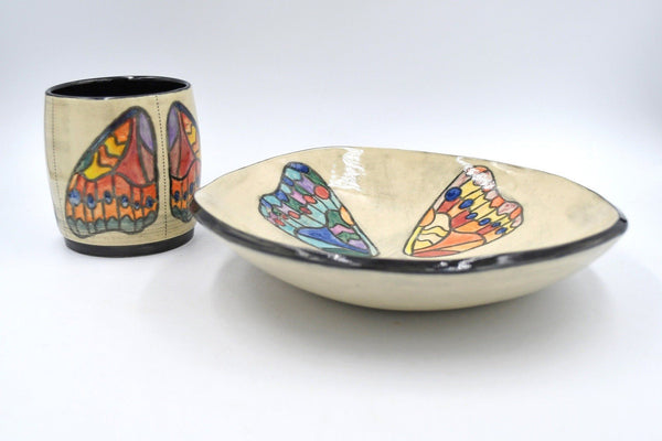 Butterfly Wing Ceramic Pottery, Tumbler Cup & Bowl, Rainbow Colors, Bright Hand Painted Handmade Stoneware, Candy Dish, Black and White