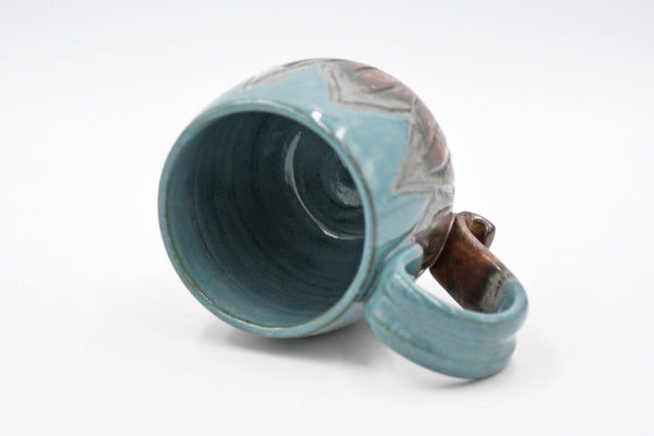 Sunflower Copper Ceramic Coffee Mug - Blue-Green, Handmade, Hand Painted, Hand Carved, Wheel Thrown and Kiln Fired Cup