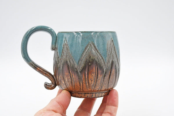 Sunflower Copper Ceramic Coffee Mug - Blue-Green, Handmade, Hand Painted, Hand Carved, Wheel Thrown and Kiln Fired Cup